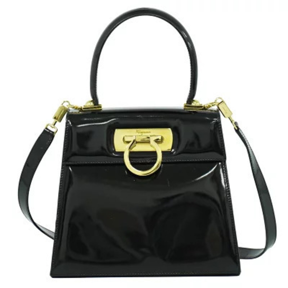 Salvatore Ferragamo Gancini Pouch Leather 2Way Shoulder Bag Black